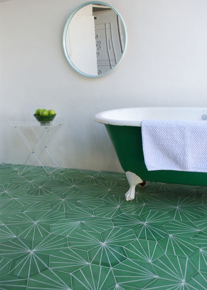 Emerald Green Interiors To The Bathroom Where Trend For Patterned Geometric Floor Tiles Hasn T Escaped Emerald Either If Money Was No Object These Dandelion By