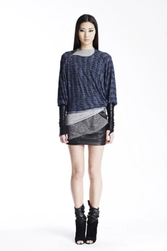 leather trim cut out back dress by yigal azrouel Yigal Azrouel Couture Dress Draped Leather Trim Cold Shoulder Black Blue 2