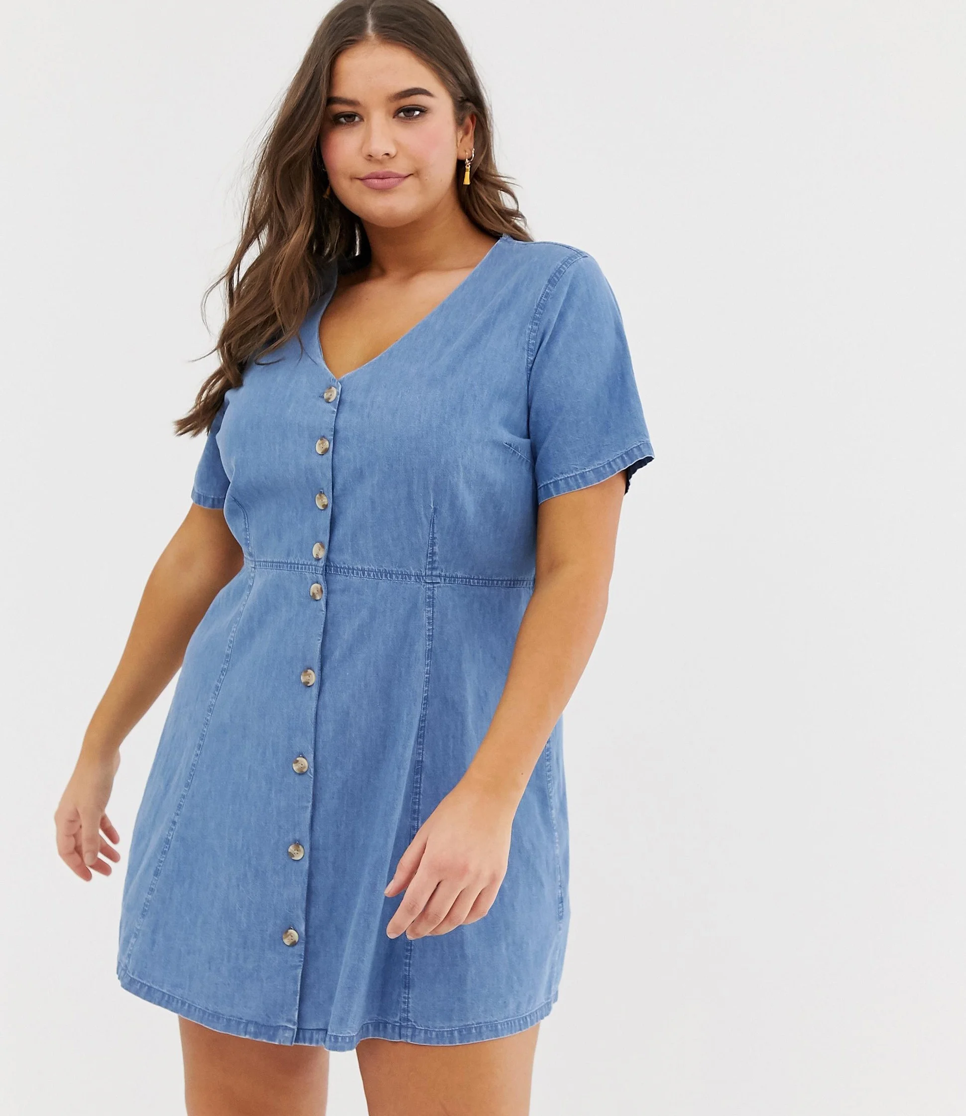 white christmas dresses Light Blue Ruffled 3/4 Sleeve Buttoned Front Plus Size Denim Dress – The  Rusted Nail Boutique main image 0