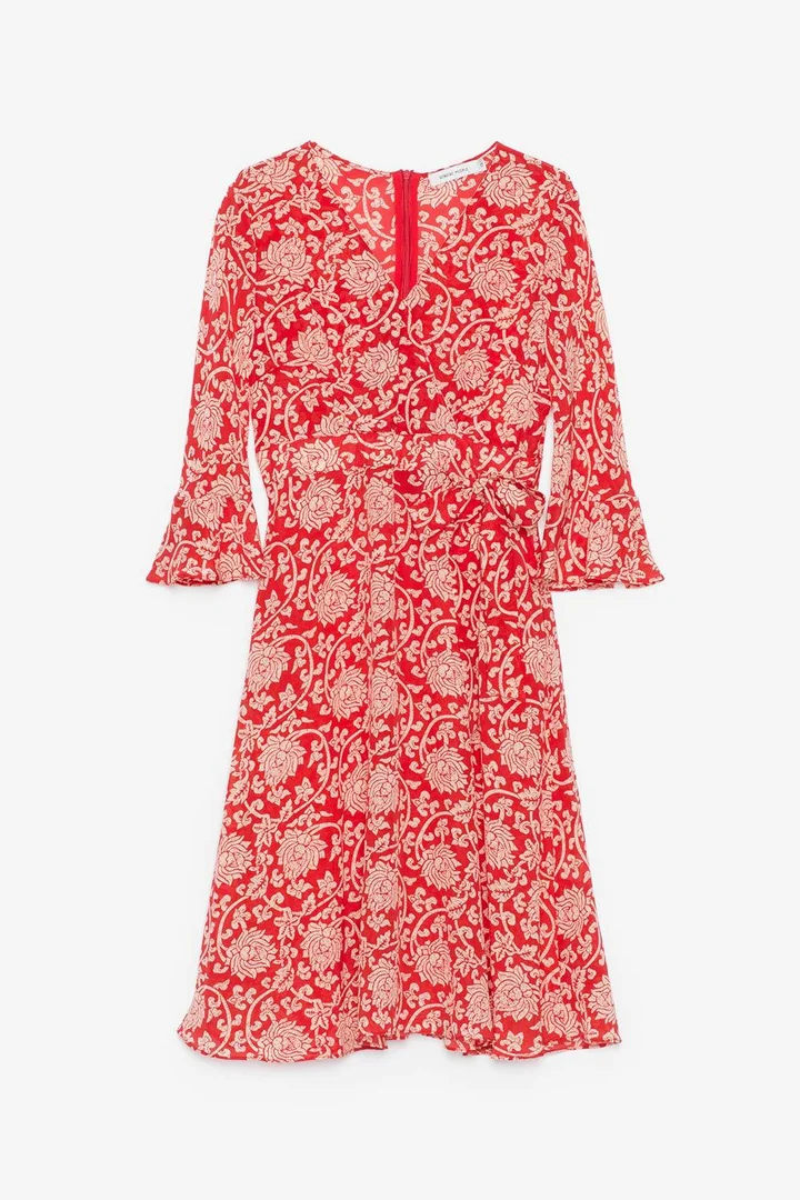 princess polly baby blue dress Elegant Directional Flower Print Autumn/winter Long Sleeve V-neck A-swing  Dress main image 1