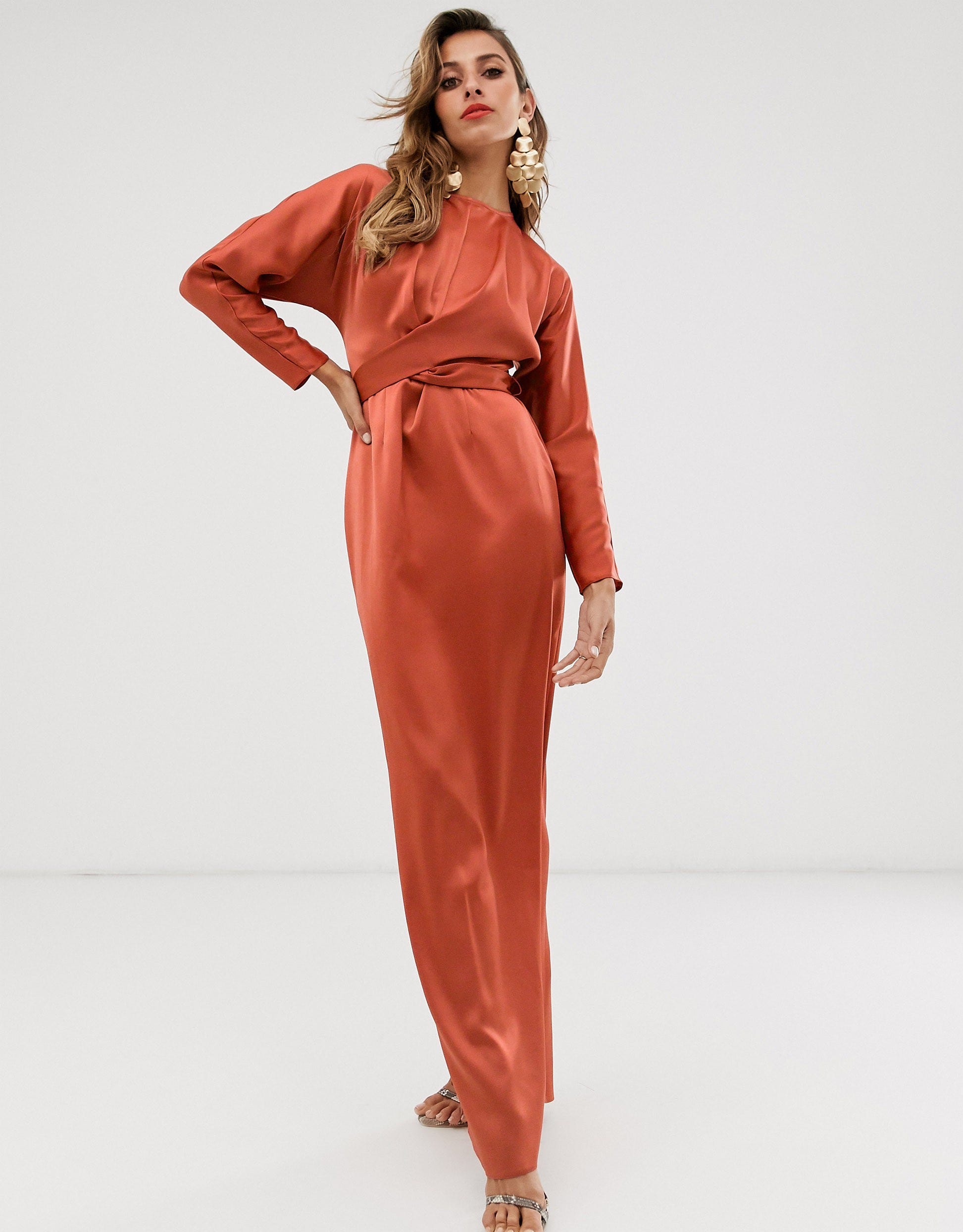 Midi Dress With Batwing Sleeve And Wrap Waist