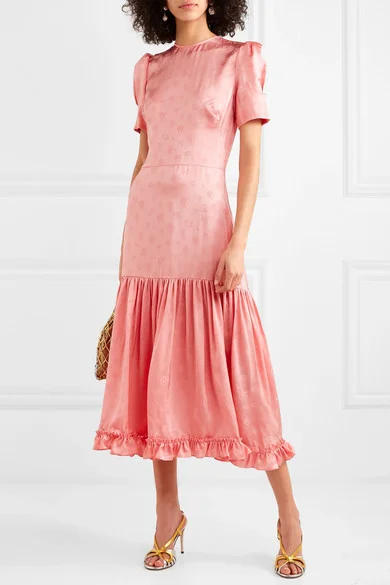The Vampire’s Wife + Hummingbird Ruffled Satin-Jacquard Midi