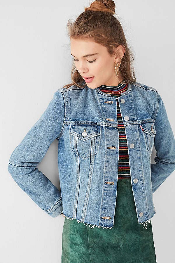 collarless jean jacket