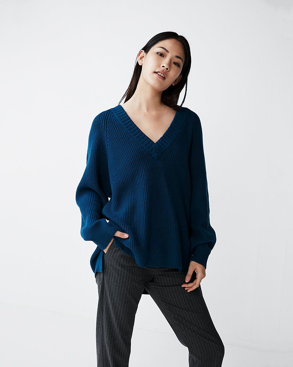Sieanear Women's Puff Sleeve V-Neck Sweater – Long Sleeve Tunic Top, Loose Fit, For Leggings, Casual Wear - View #9