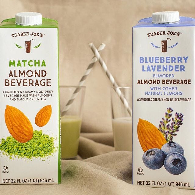 Trader Joe’s + Blueberry Lavender Flavored Almond Beverage and Matcha