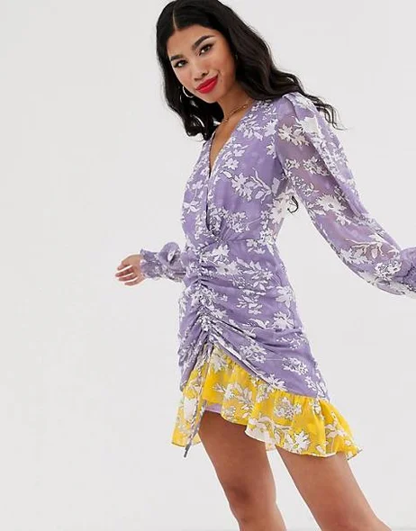 Dark Pink + Dark Pink Puff Sleeve Ruffle Midi Dress In Blue Disty Floral