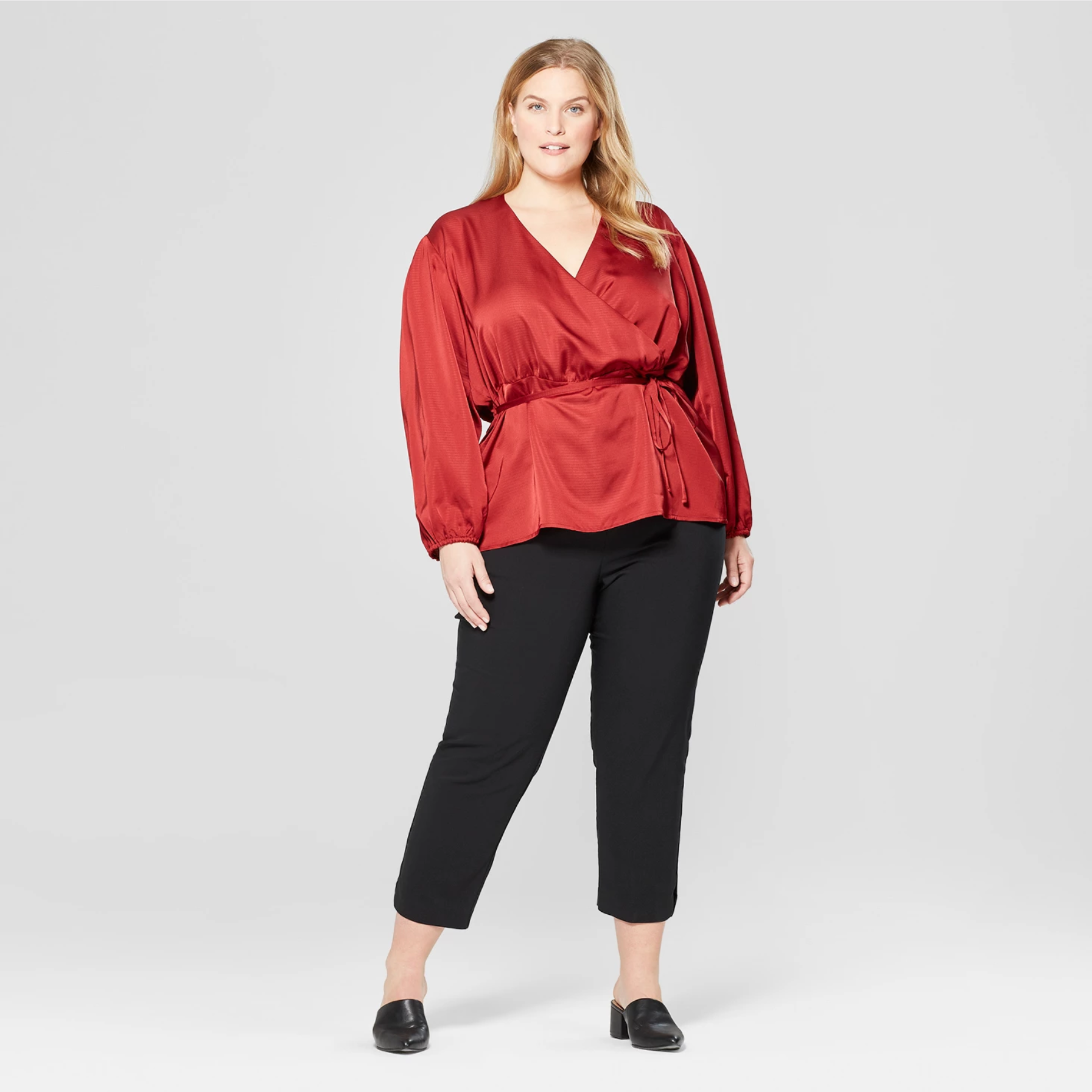 red long sleeve wrap top
