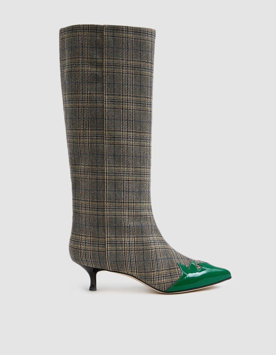 kirlah boot in patent plaid