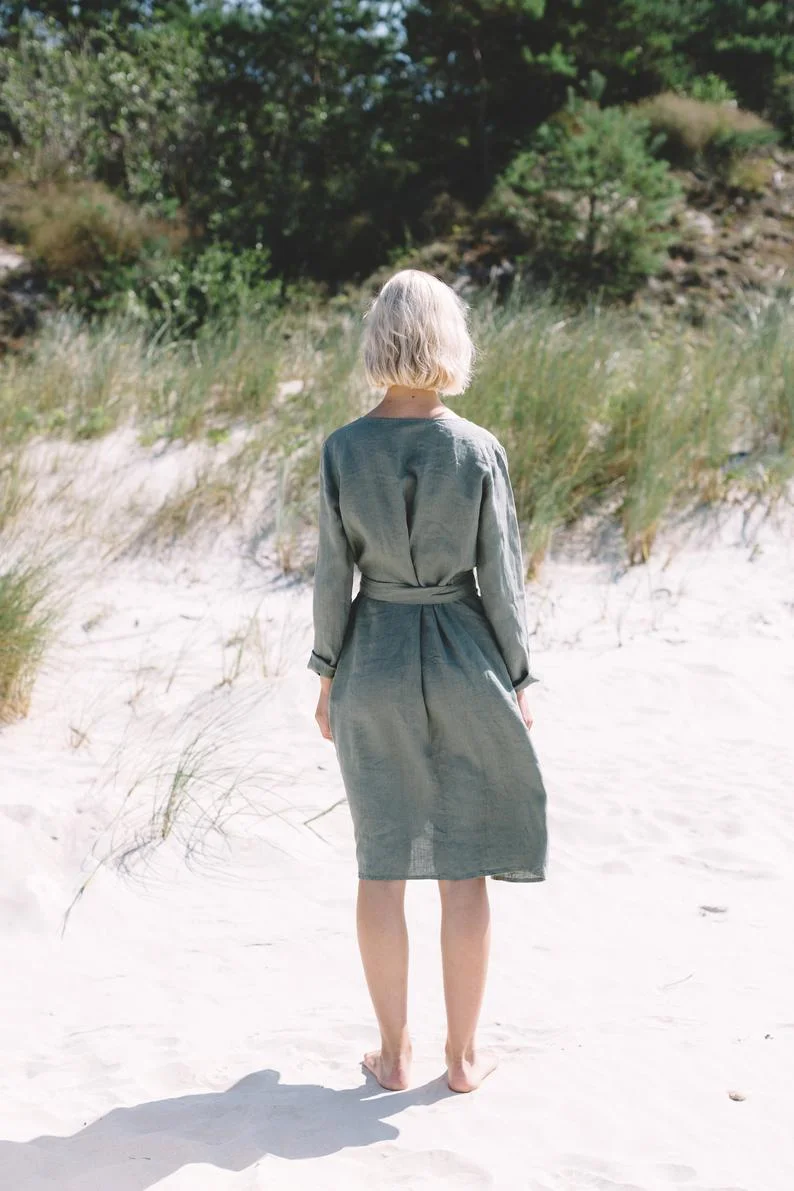 blue linen dress short Arabella Short Linen Dress-Chambray main image 1
