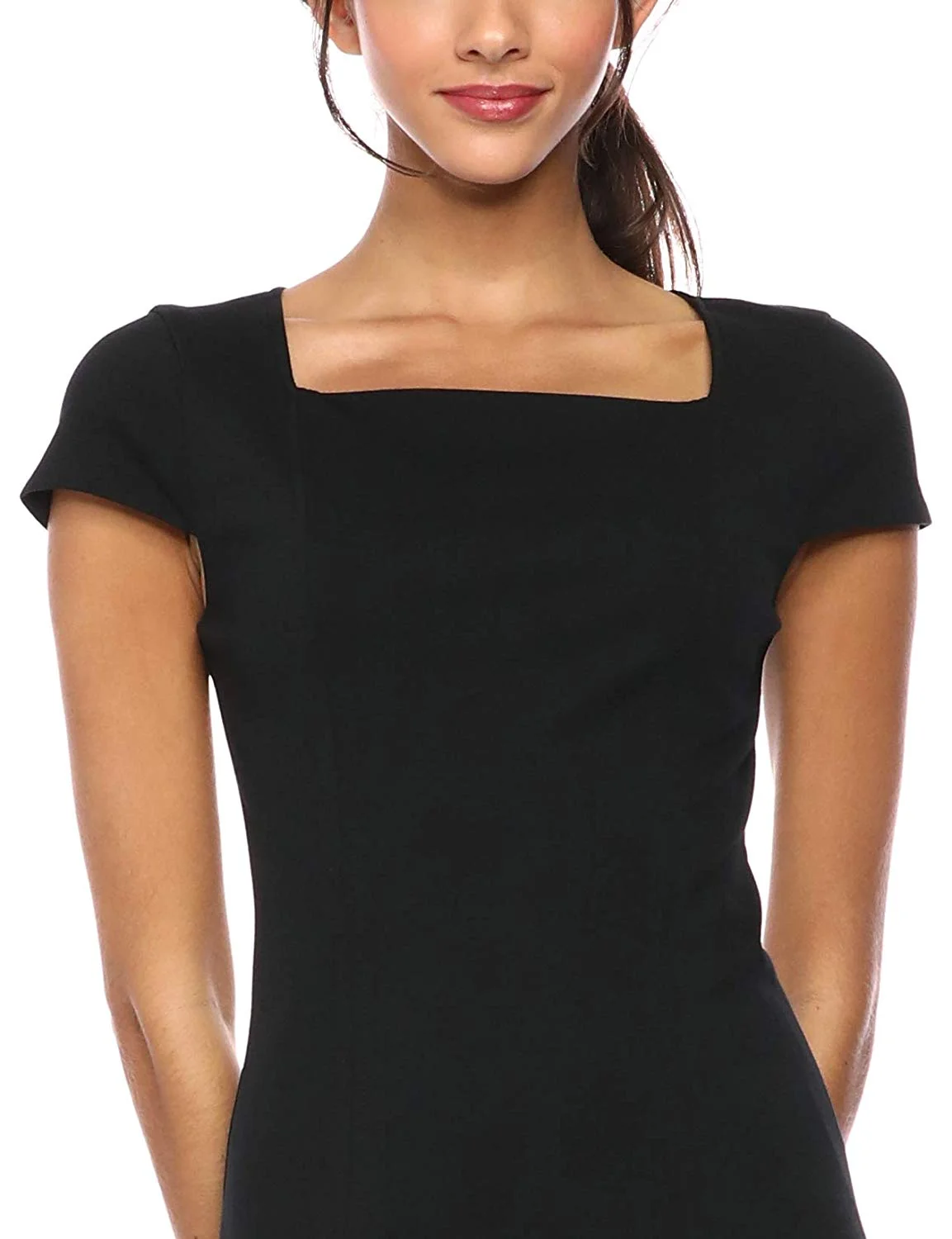 Lark &amp; Ro + Cap Sleeve Square Neck Seamed Fit and Flare Dress