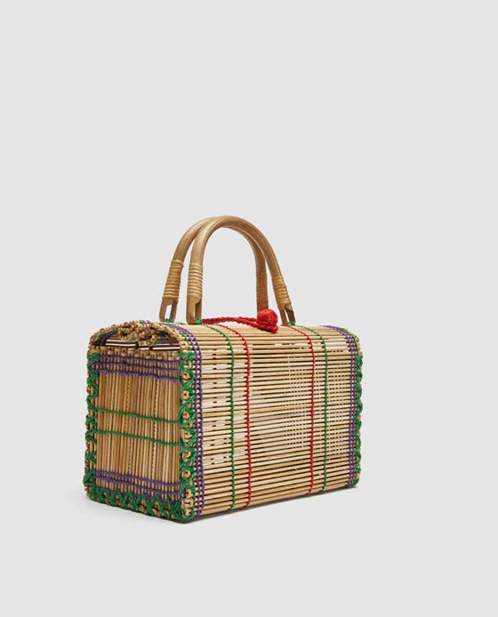 Zara + Straw Bag with Multicolored Topstitching