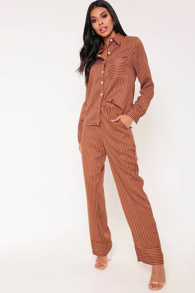 Brown Stripe Satin Wide Leg Trousers