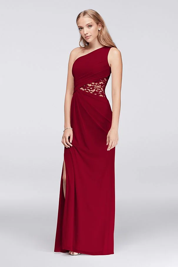 David’s Bridal + One-Shoulder Mesh Dress with Lace Inset