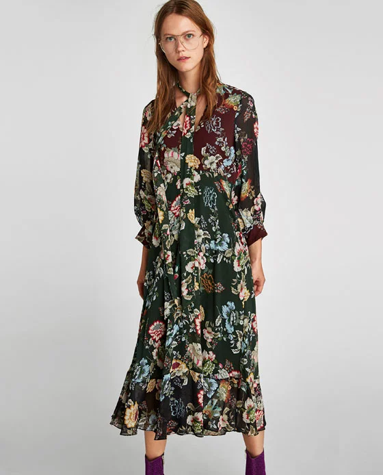 Zara + Printed Long Flowing Dress