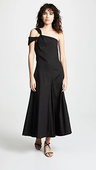 open lace back dress One shoulder gathered linen and cotton-blend maxi dress  GOEN.J