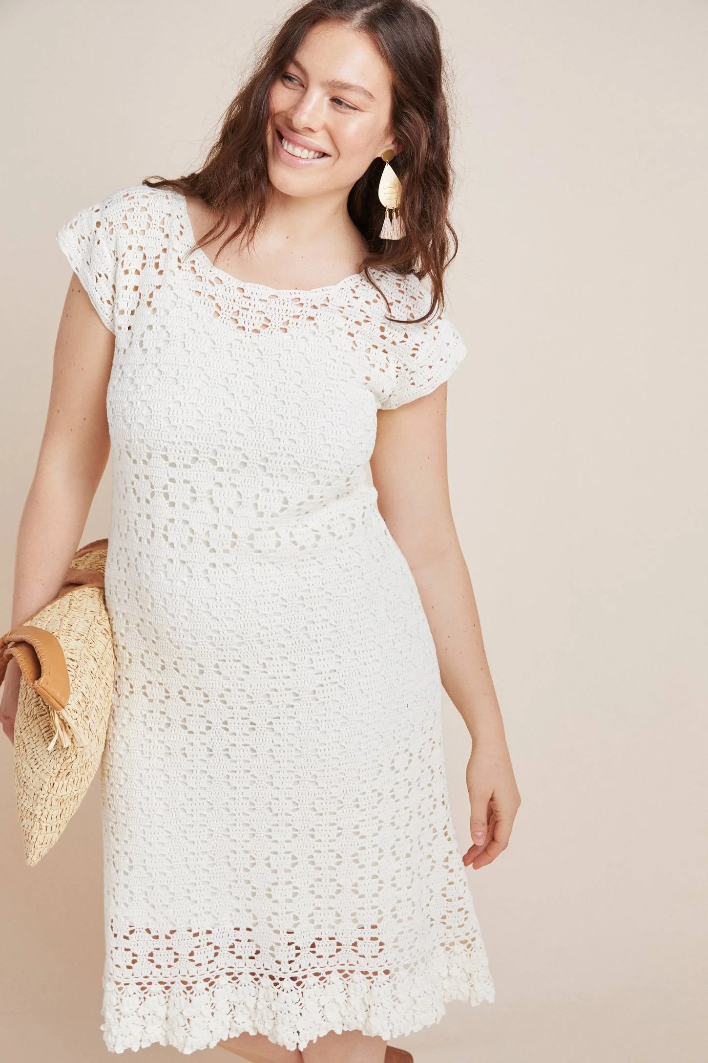 knee length dresses for ladies Anthropologie White Crochet Knit MIDI Dress with Tags Attached – The  Thrifty Hippy main image 0