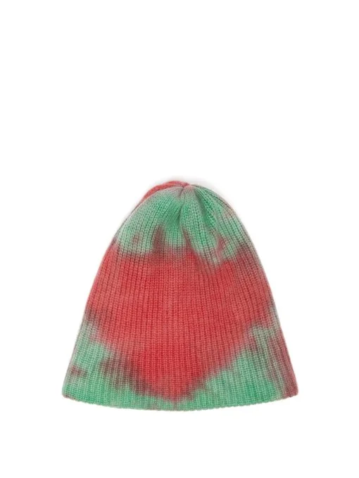 The Elder Statesman Pink Blue Tie Dye 100% Cashmere Ribbed Beanie Hat Made USA The Elder Statesman - Tie-Dyed Ribbed Cashmere Beanie The  main image 3