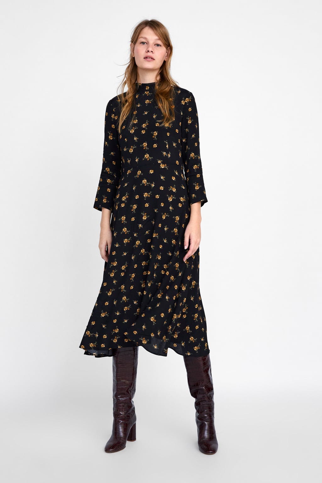 zara black floral dress COMBINATION KNIT FLORAL DRESS - Black
