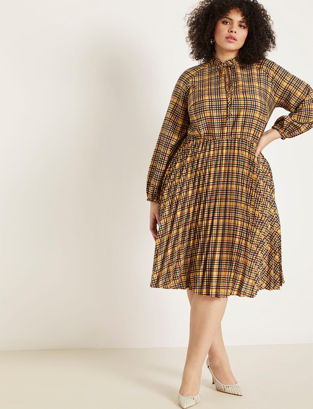 pleated tie neck dress